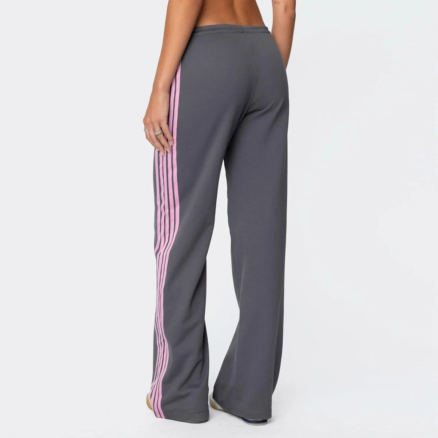 Womens Wide Leg Elasticated High Waist Trousers Side Striped Design Straight Casual Sweatpants Baggy Vintage Summer Pants