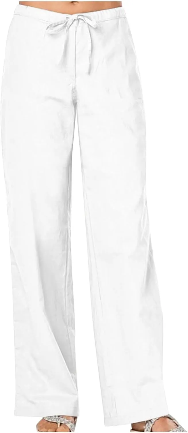 Women's Wide Leg Linen Pants, 2025 Summer High Waisted Casual Slacks Cotton Linen Palazzo Trousers with Pockets