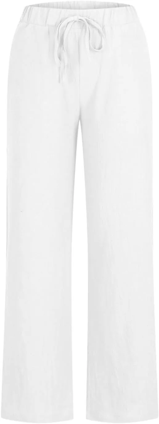 Women's Wide Leg Linen Pants, 2025 Summer High Waisted Casual Slacks Cotton Linen Palazzo Trousers with Pockets