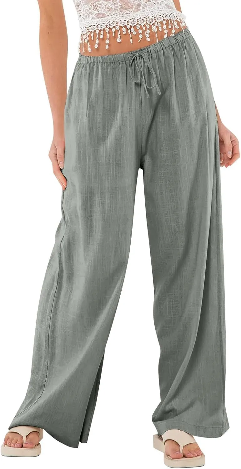 Women's Wide Leg Long Pants Summer Cotton Linen Drawstring Elastic Waist Palazzo Pants Beach Vacation Flowy Trousers