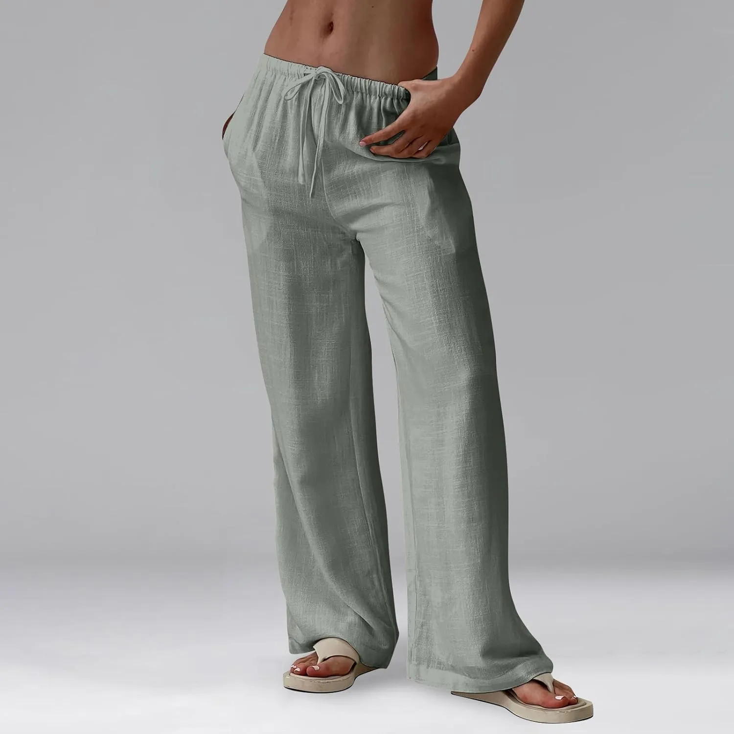 Women's Wide Leg Long Pants Summer Cotton Linen Drawstring Elastic Waist Palazzo Pants Beach Vacation Flowy Trousers