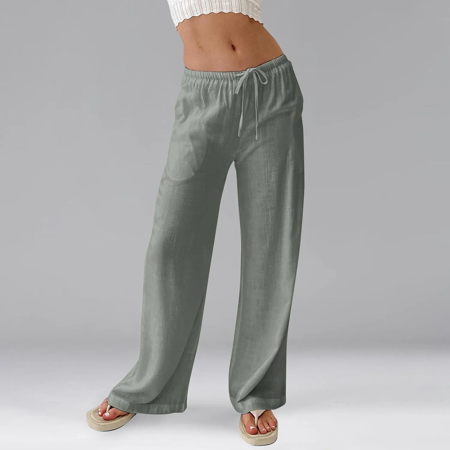 Women's Wide Leg Long Pants Summer Cotton Linen Drawstring Elastic Waist Palazzo Pants Beach Vacation Flowy Trousers