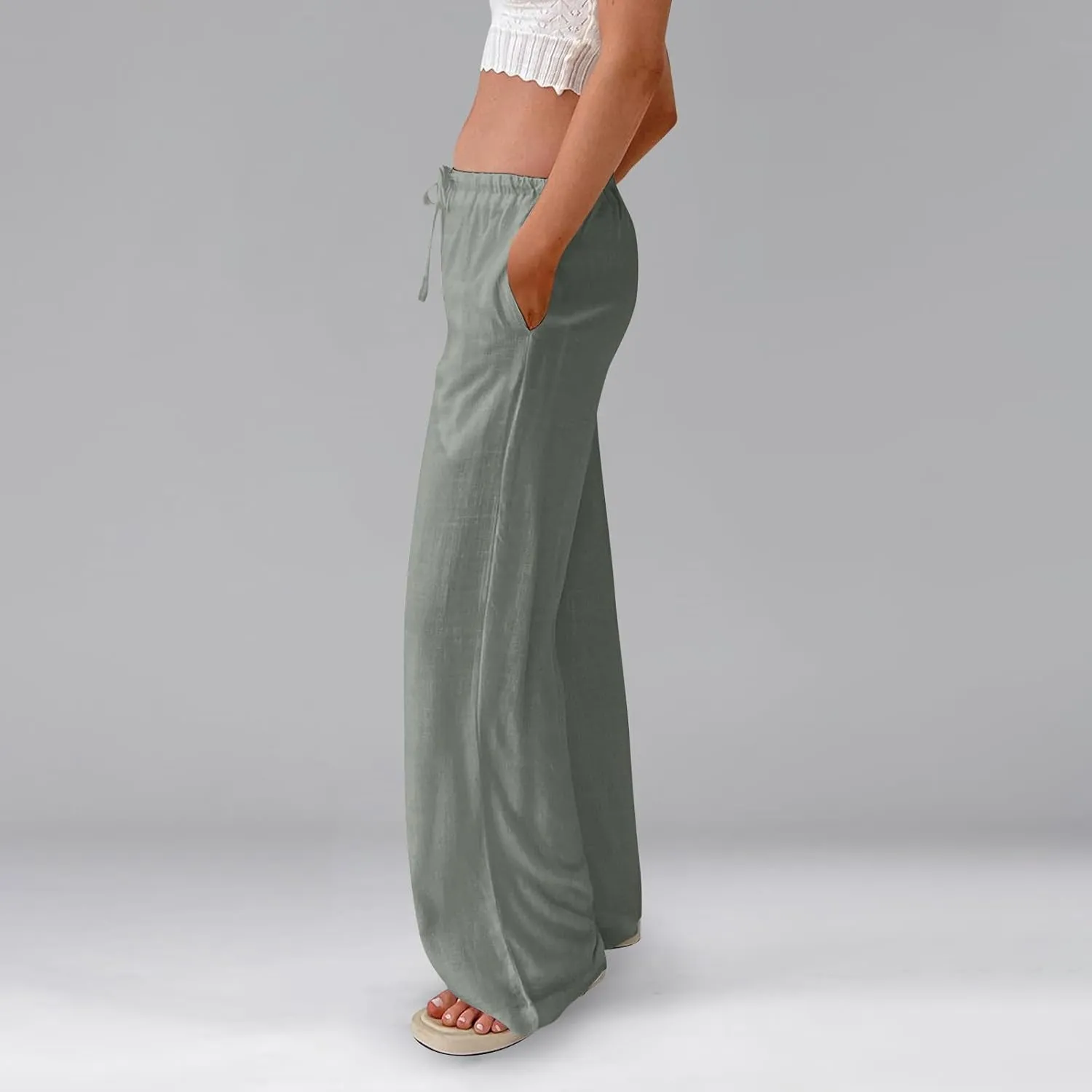 Women's Wide Leg Long Pants Summer Cotton Linen Drawstring Elastic Waist Palazzo Pants Beach Vacation Flowy Trousers