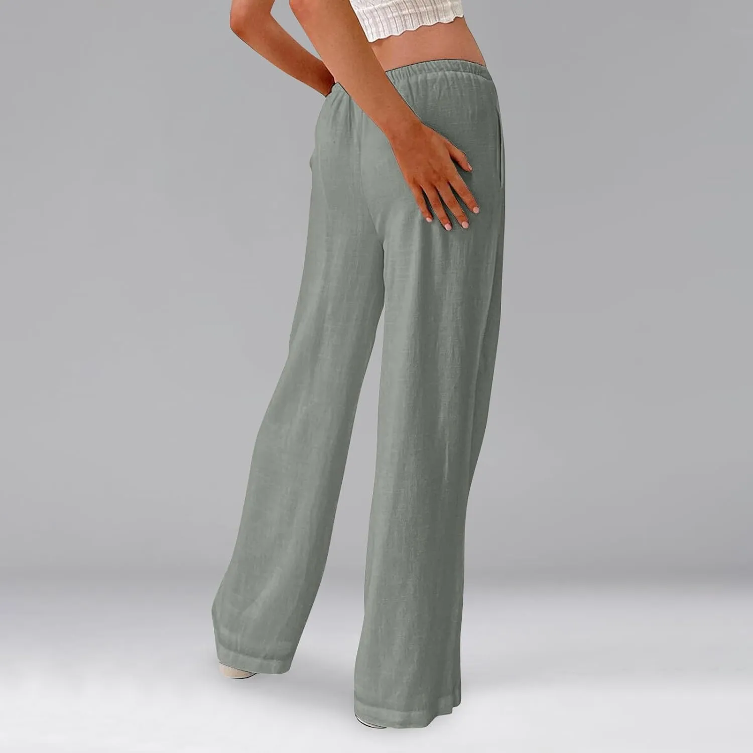 Women's Wide Leg Long Pants Summer Cotton Linen Drawstring Elastic Waist Palazzo Pants Beach Vacation Flowy Trousers