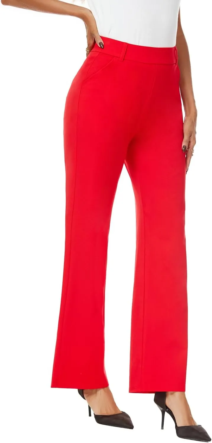 Womens Wide Straight Leg Pull-On Trousers Casual Slacks Dress Pants with Pockets