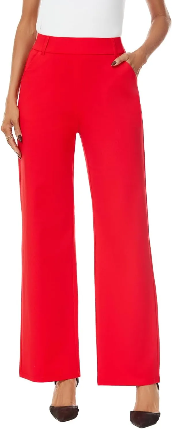 Womens Wide Straight Leg Pull-On Trousers Casual Slacks Dress Pants with Pockets