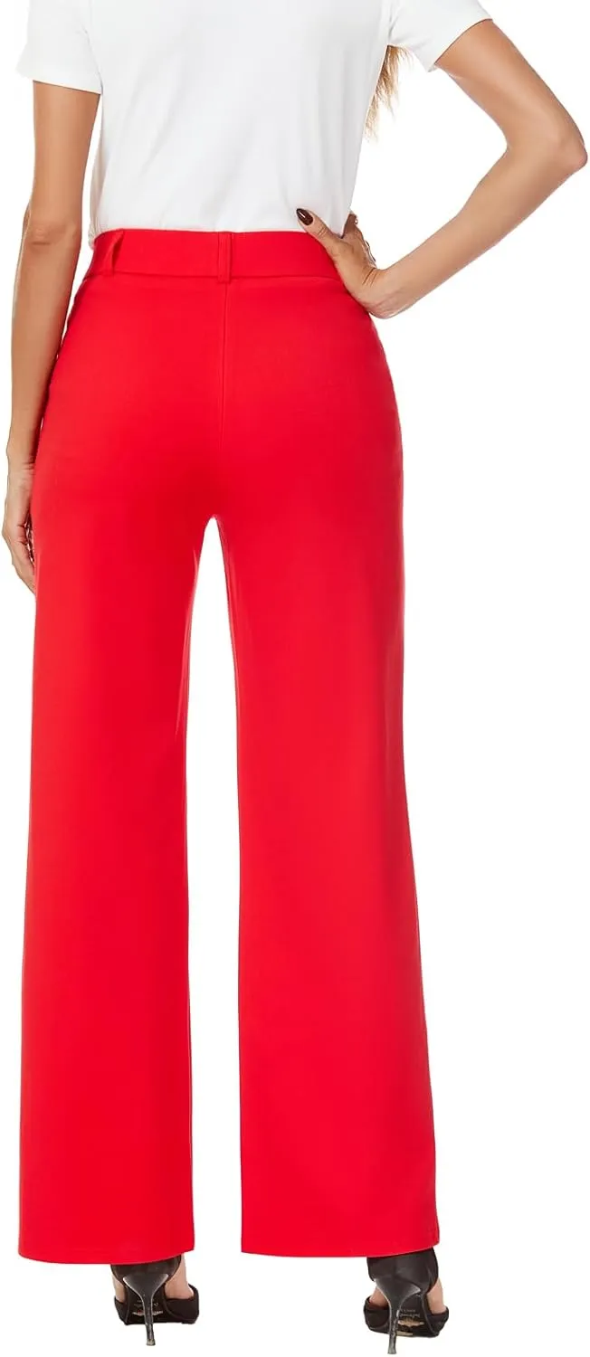 Womens Wide Straight Leg Pull-On Trousers Casual Slacks Dress Pants with Pockets