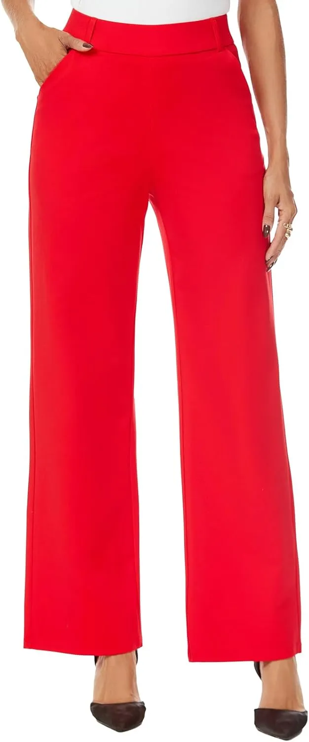 Womens Wide Straight Leg Pull-On Trousers Casual Slacks Dress Pants with Pockets