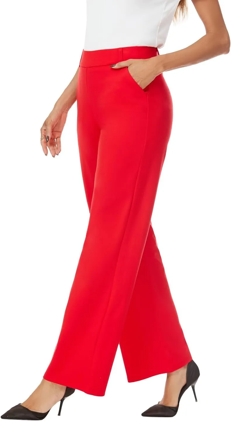 Womens Wide Straight Leg Pull-On Trousers Casual Slacks Dress Pants with Pockets