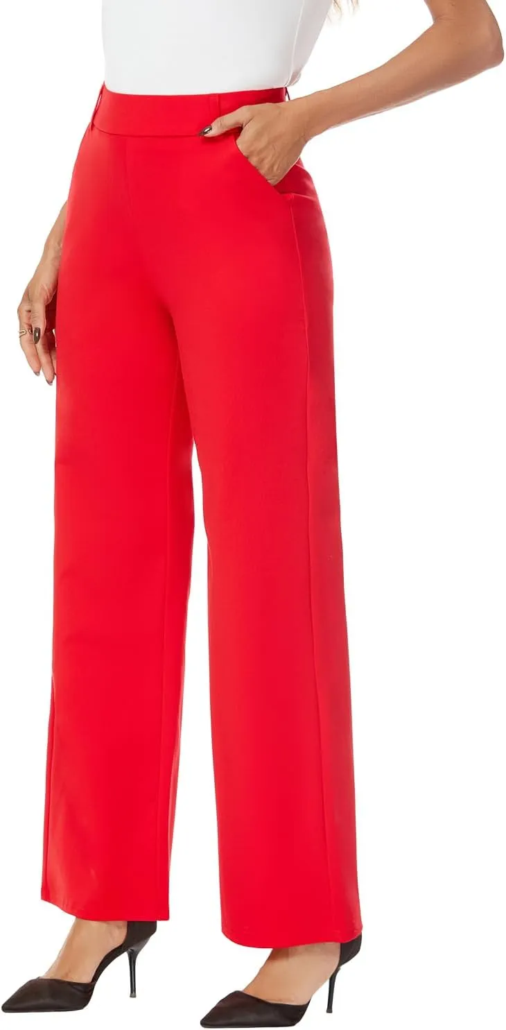 Womens Wide Straight Leg Pull-On Trousers Casual Slacks Dress Pants with Pockets