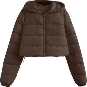 Women's Winter Casual Crop Puffer Jacket Teen Girl Hooded Cotton Padded Jacket Y2K Pockets Baggy Short Coats