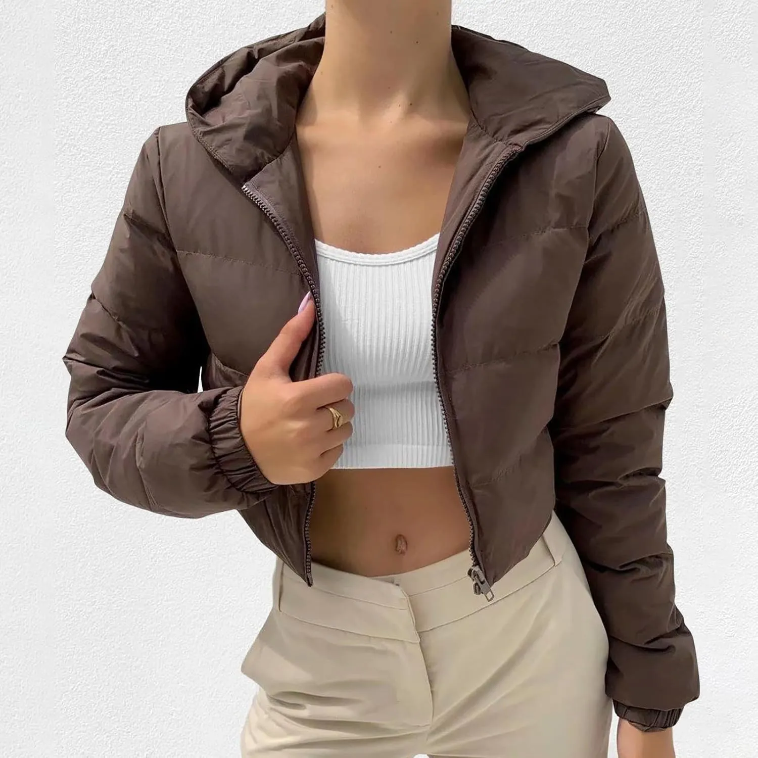 Women's Winter Casual Crop Puffer Jacket Teen Girl Hooded Cotton Padded Jacket Y2K Pockets Baggy Short Coats