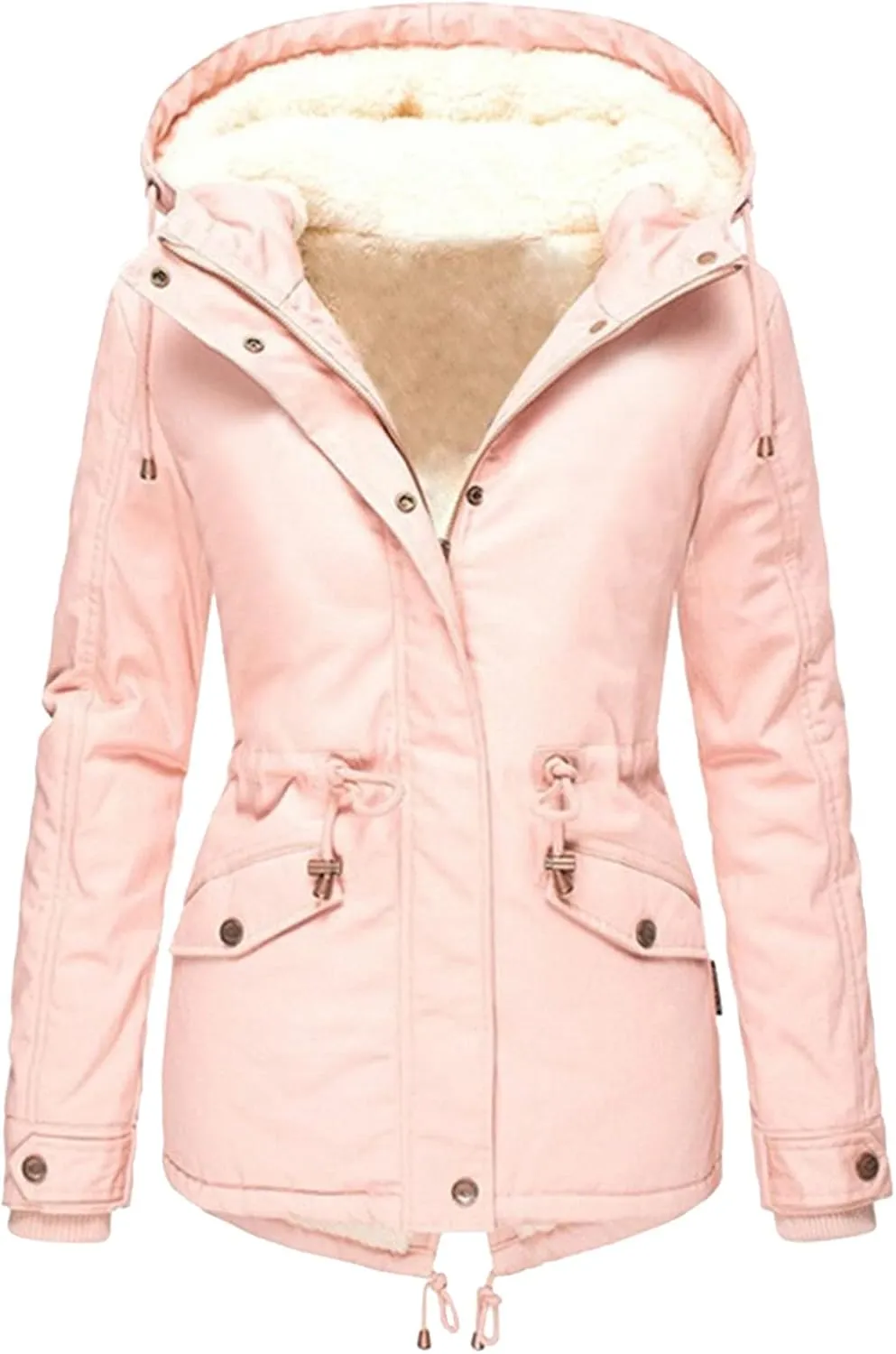 Womens Winter Casual Quilted Coat Loose Fit Long Sleeve Button Zip Overcoat Fashion Warm Fleece Jacket Padded Outwear