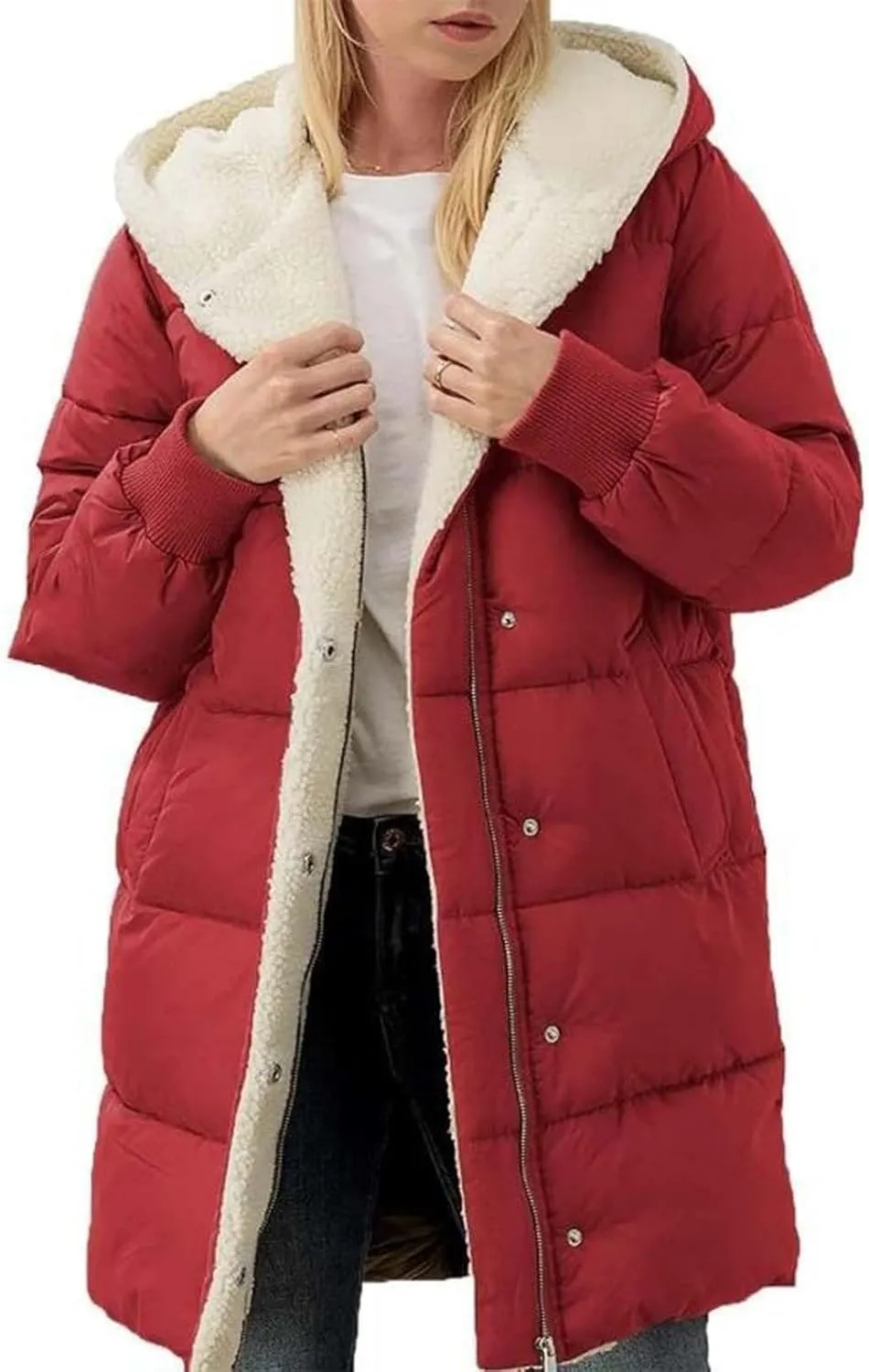 Womens Winter Coat Jacket Fleece Lined Long Sleeve Outwear Full Zipper Solid Coat Winter Warm Down Jacket with
