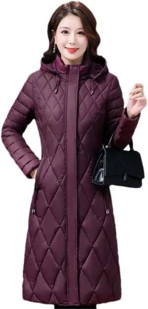 Women's Winter Coats Hooded Casual Cotton Padded Jackets Long Warm Slim Solid Color Overcoat