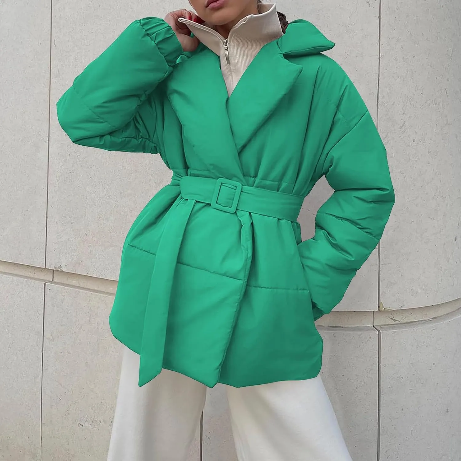 Women's Winter Lapel Collar Belted Mid Long Puffer Jacket Quilted Down Coat Long Sleeve Open Front Jackets Outerwear