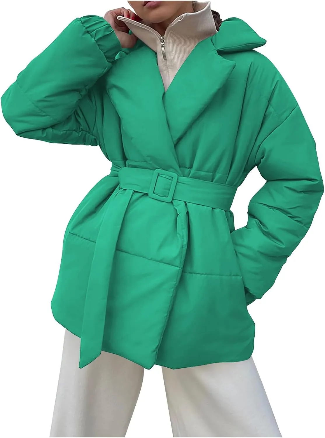 Women's Winter Lapel Collar Belted Mid Long Puffer Jacket Quilted Down Coat Long Sleeve Open Front Jackets Outerwear