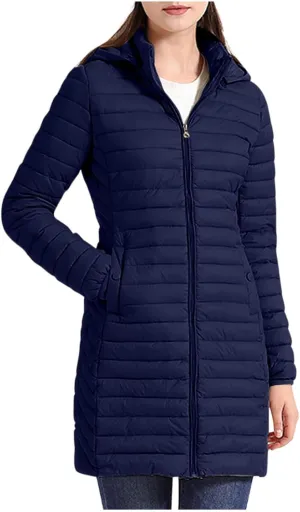 Womens Winter Long Puffer Jacket Lightweight Warm Slim Fit Stretchy Quilted Down Coat with Removable Hood Outerwear