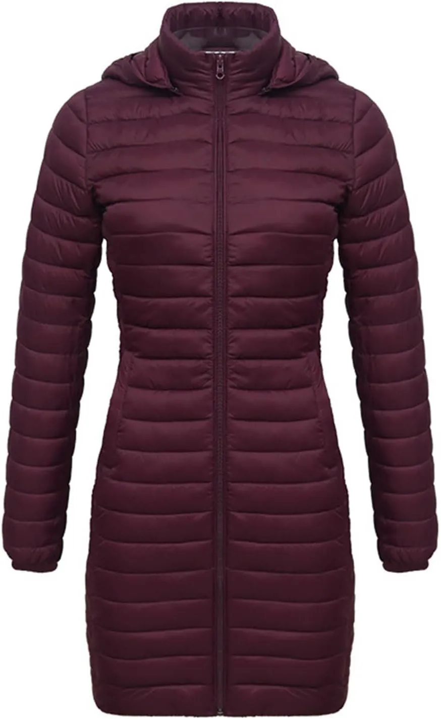 Womens Winter Long Puffer Jacket Lightweight Warm Slim Fit Stretchy Quilted Down Coat with Removable Hood Outerwear