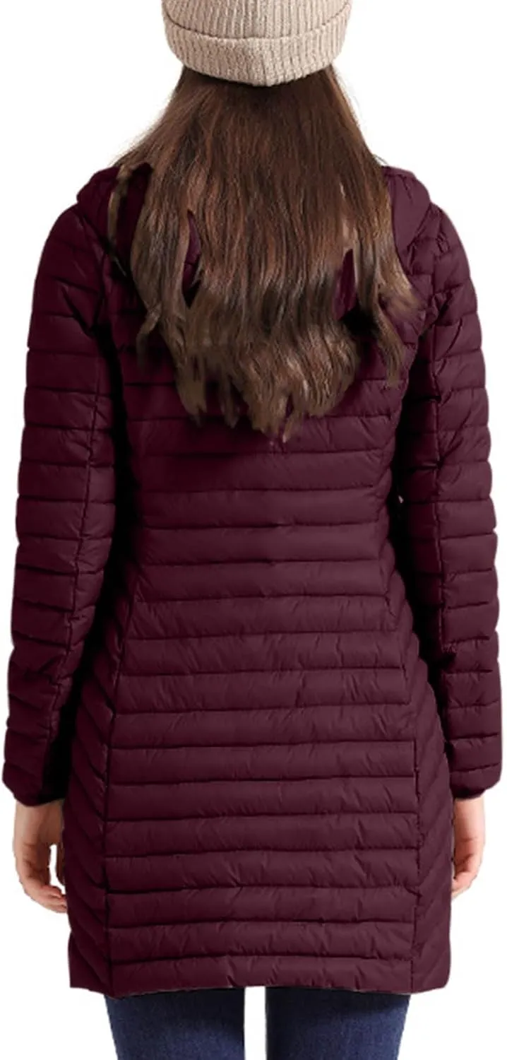 Womens Winter Long Puffer Jacket Lightweight Warm Slim Fit Stretchy Quilted Down Coat with Removable Hood Outerwear