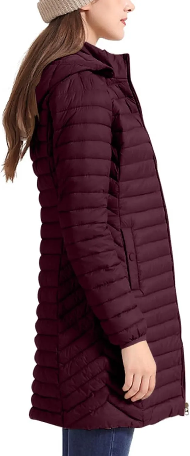 Womens Winter Long Puffer Jacket Lightweight Warm Slim Fit Stretchy Quilted Down Coat with Removable Hood Outerwear