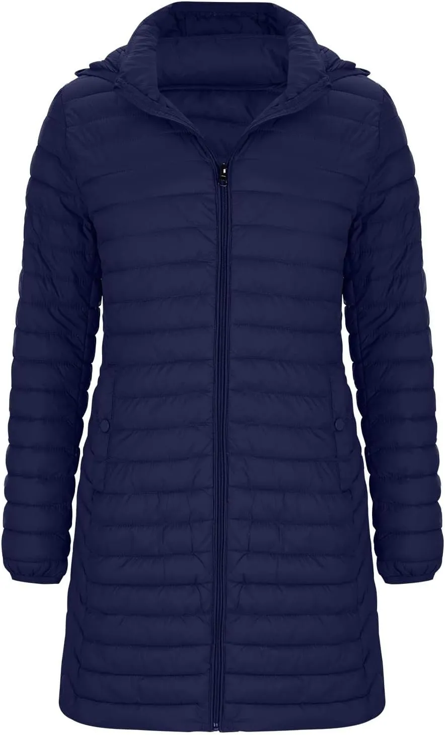 Womens Winter Long Puffer Jacket Lightweight Warm Slim Fit Stretchy Quilted Down Coat with Removable Hood Outerwear