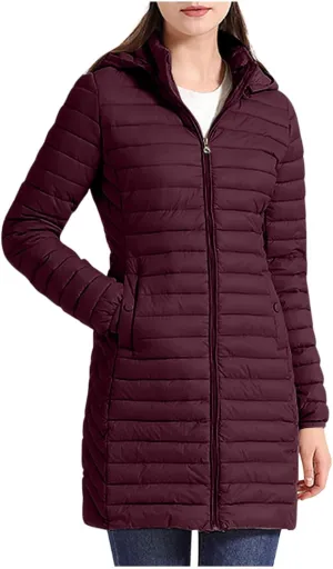 Womens Winter Long Puffer Jacket Lightweight Warm Slim Fit Stretchy Quilted Down Coat with Removable Hood Outerwear