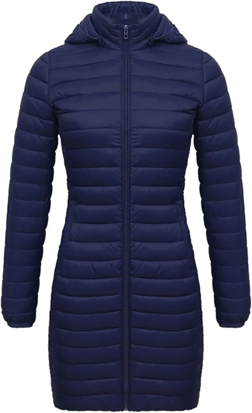 Womens Winter Long Puffer Jacket Lightweight Warm Slim Fit Stretchy Quilted Down Coat with Removable Hood Outerwear