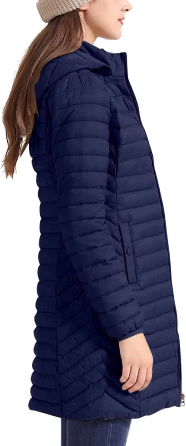 Womens Winter Long Puffer Jacket Lightweight Warm Slim Fit Stretchy Quilted Down Coat with Removable Hood Outerwear