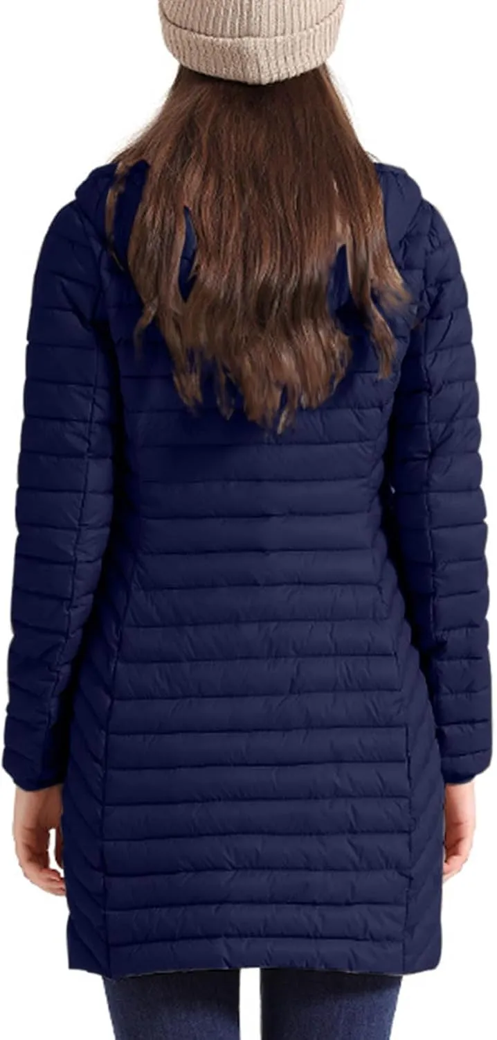Womens Winter Long Puffer Jacket Lightweight Warm Slim Fit Stretchy Quilted Down Coat with Removable Hood Outerwear