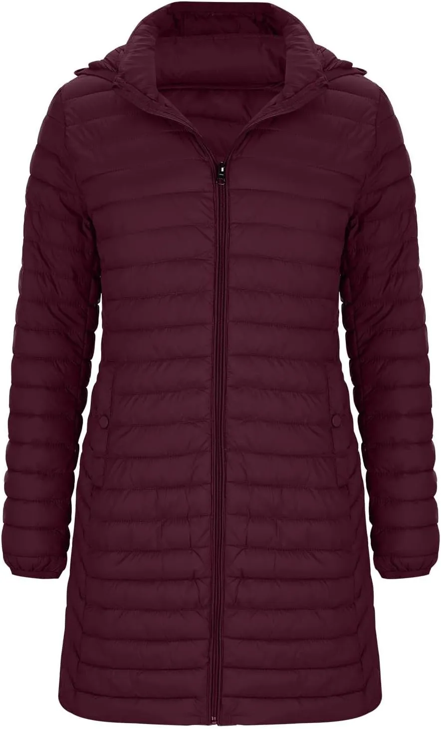 Womens Winter Long Puffer Jacket Lightweight Warm Slim Fit Stretchy Quilted Down Coat with Removable Hood Outerwear