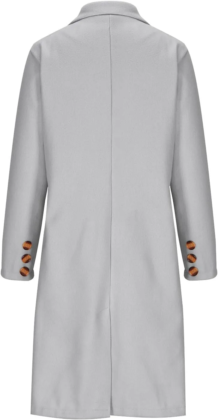 Womens Winter Mid Long Trench Coat Winter Lapel Double Breasted Long Pea Coat Casual Work Office Overcoat with Pocket