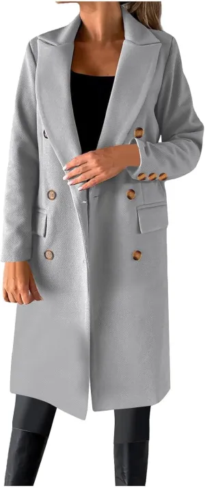 Womens Winter Mid Long Trench Coat Winter Lapel Double Breasted Long Pea Coat Casual Work Office Overcoat with Pocket