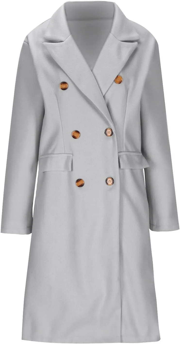 Womens Winter Mid Long Trench Coat Winter Lapel Double Breasted Long Pea Coat Casual Work Office Overcoat with Pocket