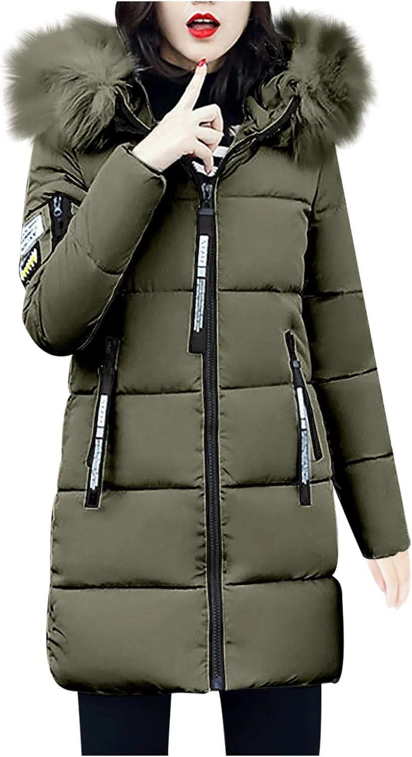Womens Winter Thick Puffer Jacket Furry Collar Hoodie Outerwear Zipper Pocket Long Coats Warm Cotton Down Jackets