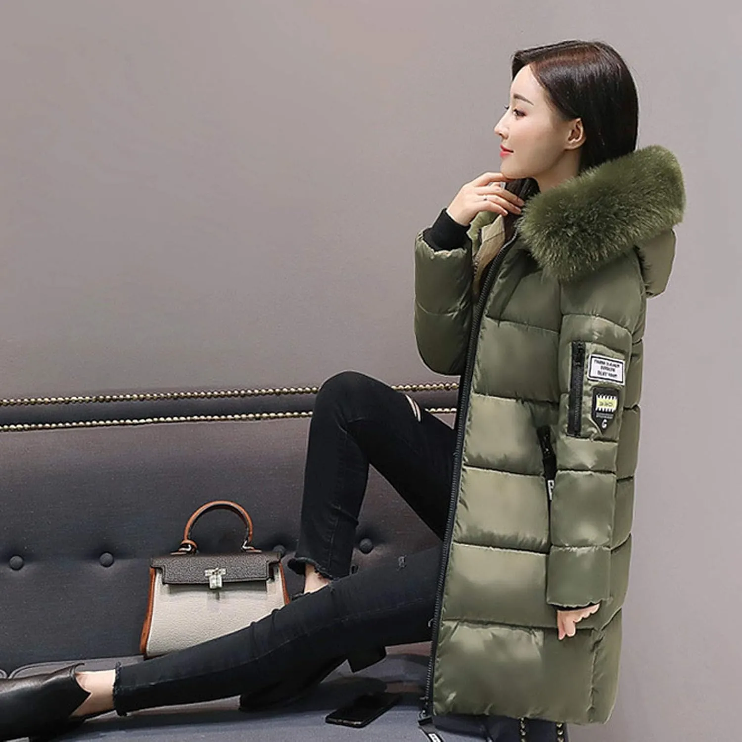 Womens Winter Thick Puffer Jacket Furry Collar Hoodie Outerwear Zipper Pocket Long Coats Warm Cotton Down Jackets