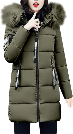 Womens Winter Thick Puffer Jacket Furry Collar Hoodie Outerwear Zipper Pocket Long Coats Warm Cotton Down Jackets
