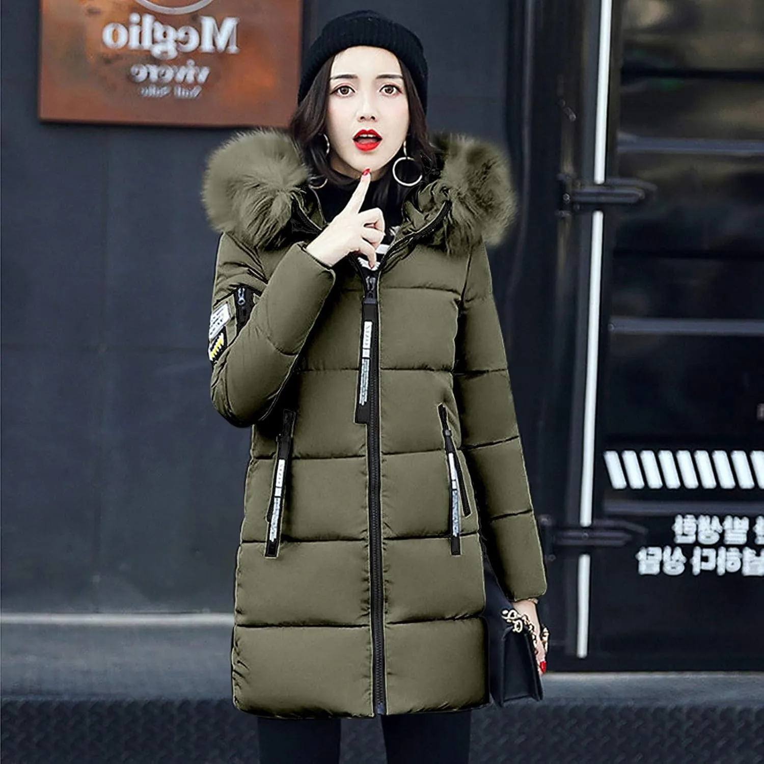 Womens Winter Thick Puffer Jacket Furry Collar Hoodie Outerwear Zipper Pocket Long Coats Warm Cotton Down Jackets