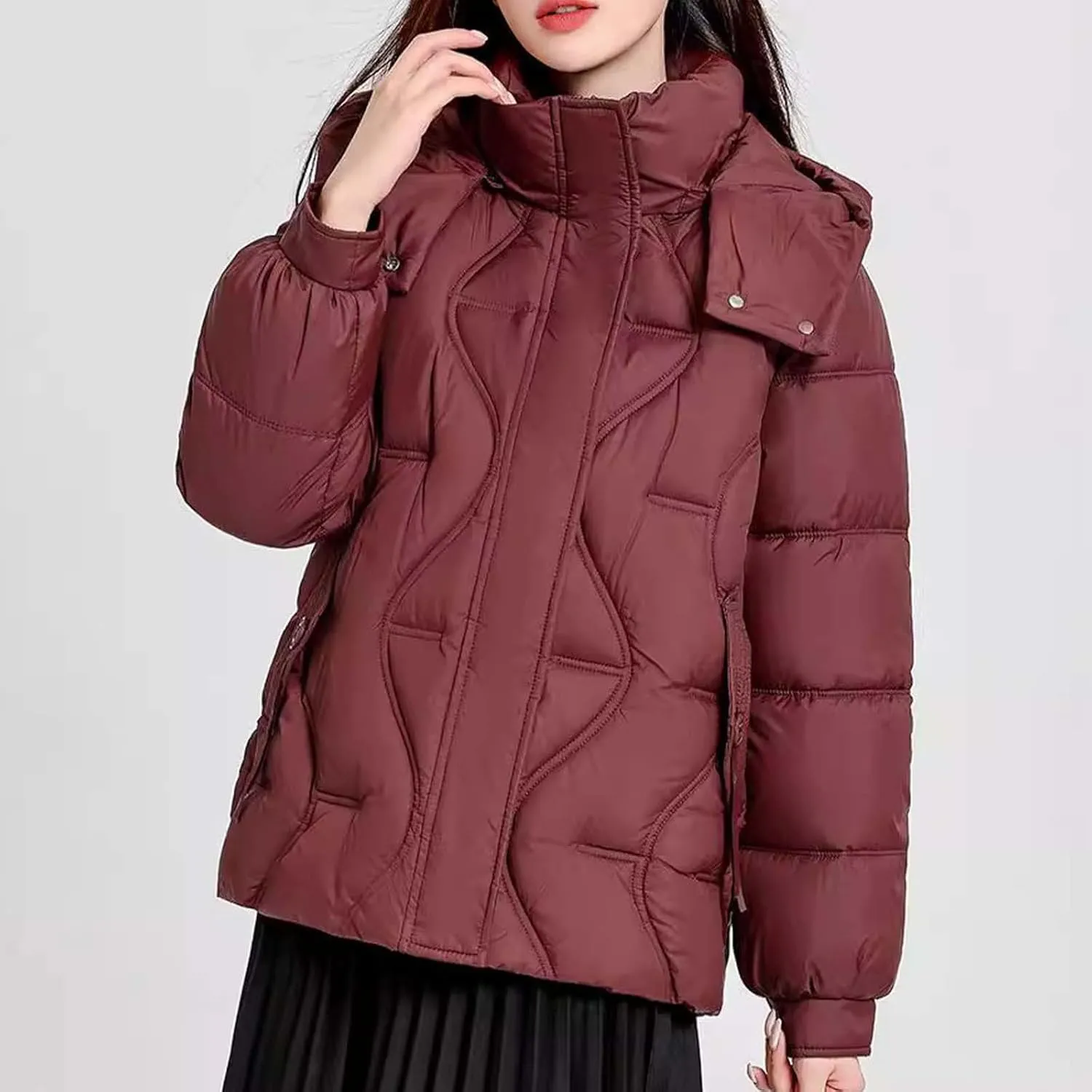 Women's Winter Thickened Hooded Cotton Coat Windproof Warm Padded Puffer Jacket Casual Mock Neck Zipper Parka Coats