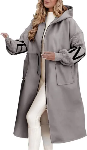Womens Wool Blend Pea Coat Fashion Winter Dressy Overcoat Zipped Trench Jackets with Hood