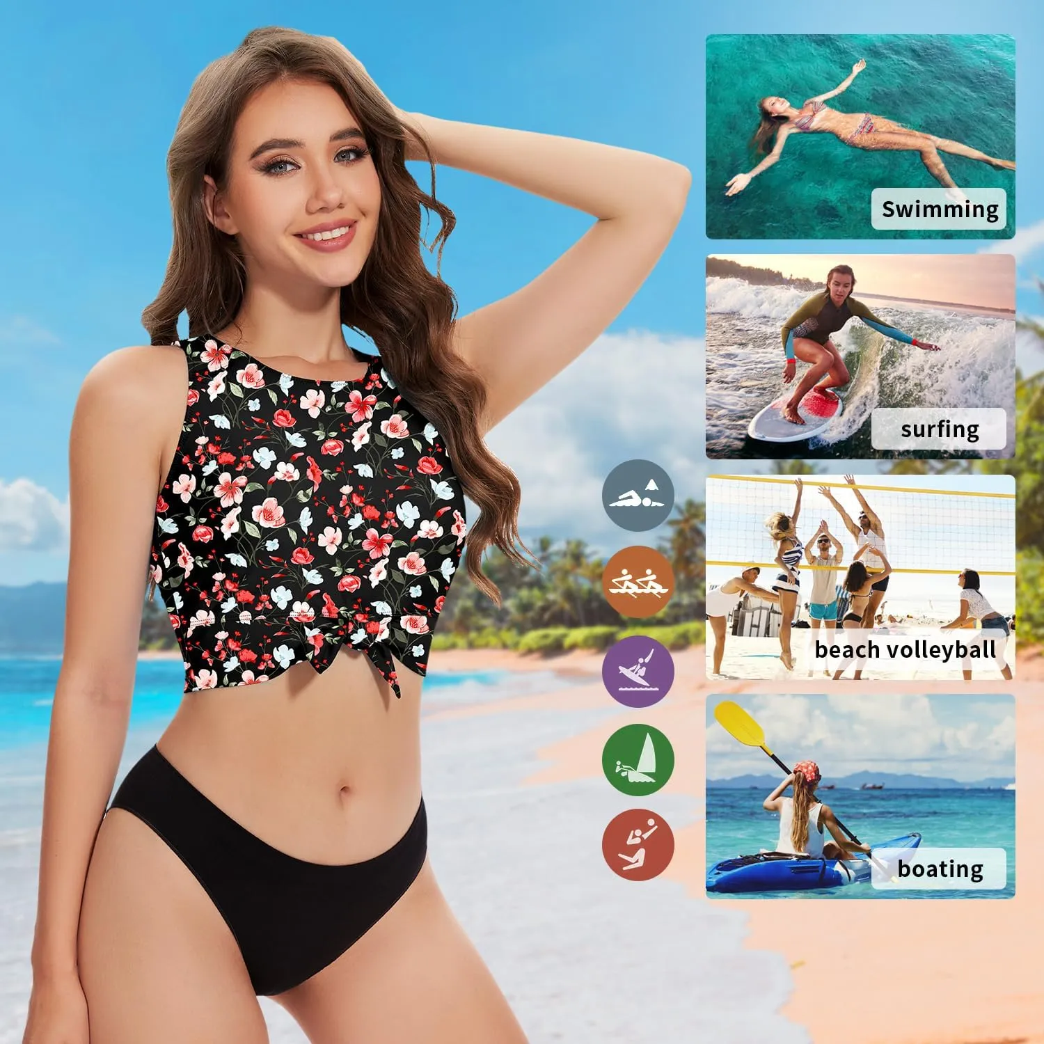 WOWENY High Neck Bikini Top Tie Knot Front Crop Top Tankini Swimsuit Swim Tops Only