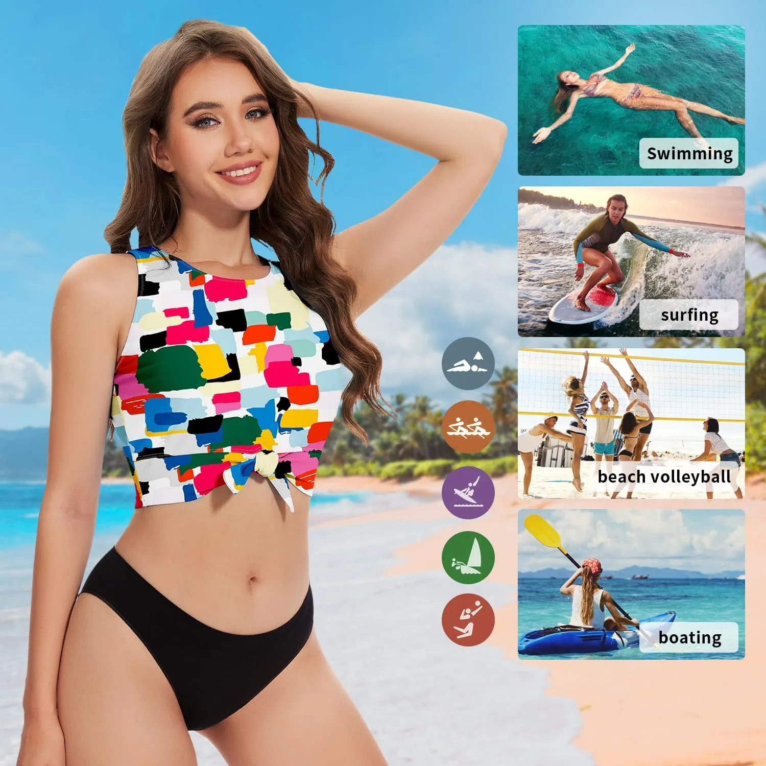WOWENY High Neck Bikini Top Tie Knot Front Crop Top Tankini Swimsuit Swim Tops Only