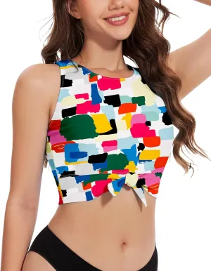 WOWENY High Neck Bikini Top Tie Knot Front Crop Top Tankini Swimsuit Swim Tops Only
