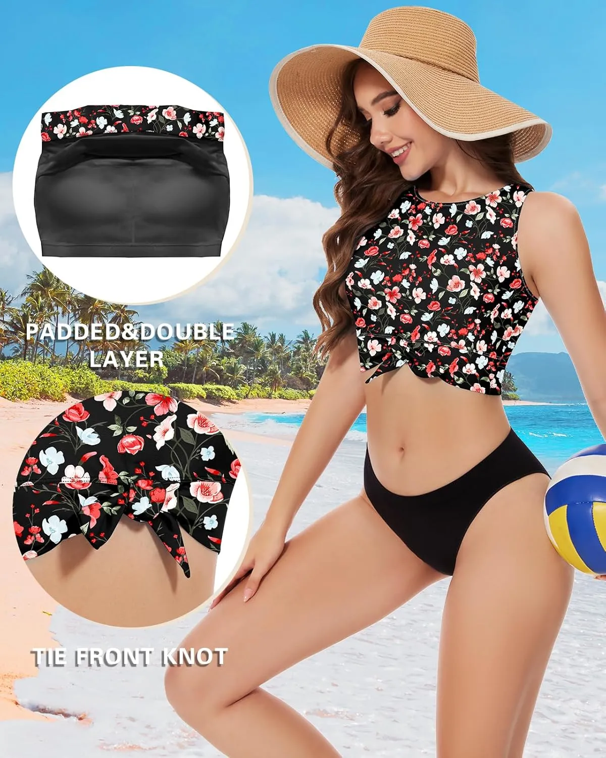 WOWENY High Neck Bikini Top Tie Knot Front Crop Top Tankini Swimsuit Swim Tops Only