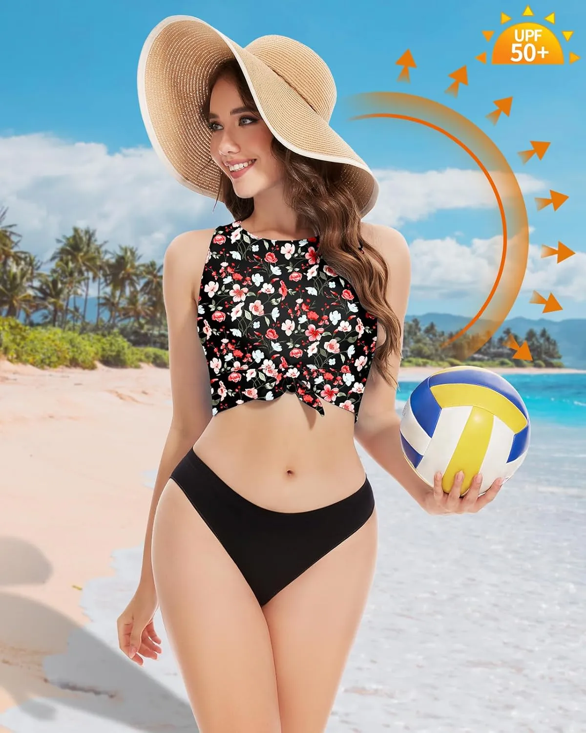 WOWENY High Neck Bikini Top Tie Knot Front Crop Top Tankini Swimsuit Swim Tops Only
