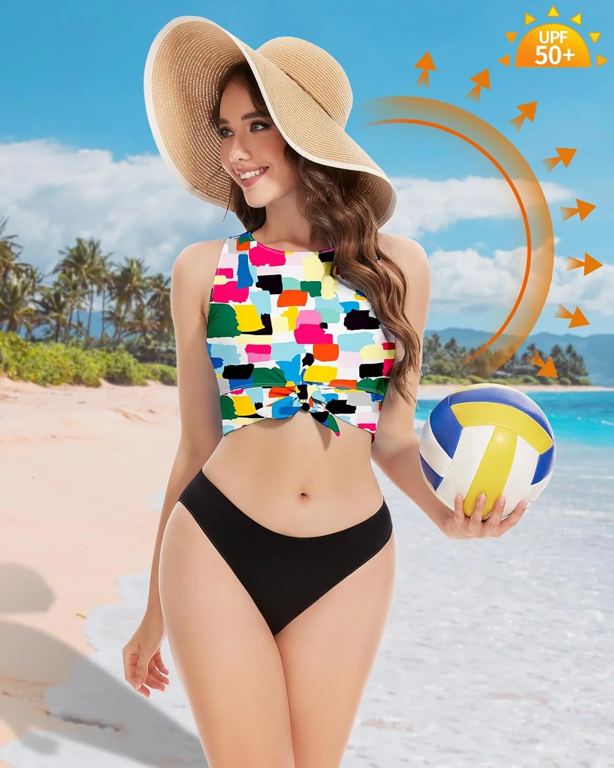 WOWENY High Neck Bikini Top Tie Knot Front Crop Top Tankini Swimsuit Swim Tops Only