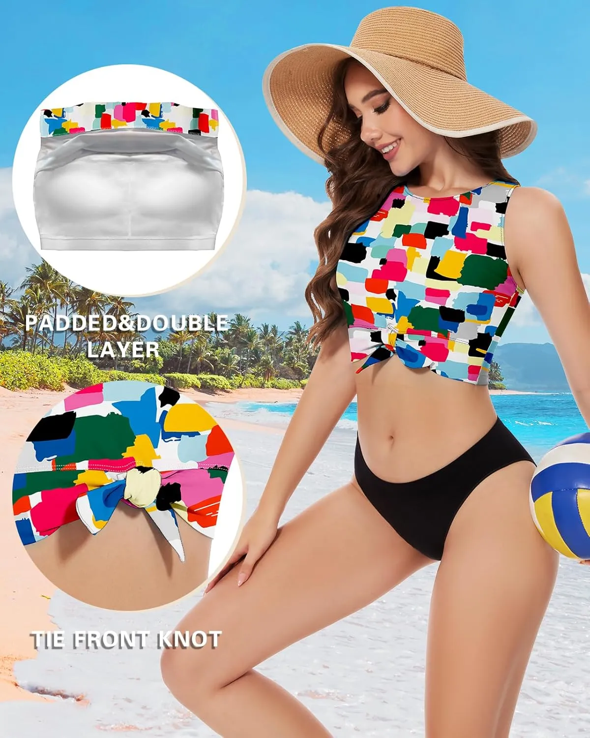 WOWENY High Neck Bikini Top Tie Knot Front Crop Top Tankini Swimsuit Swim Tops Only