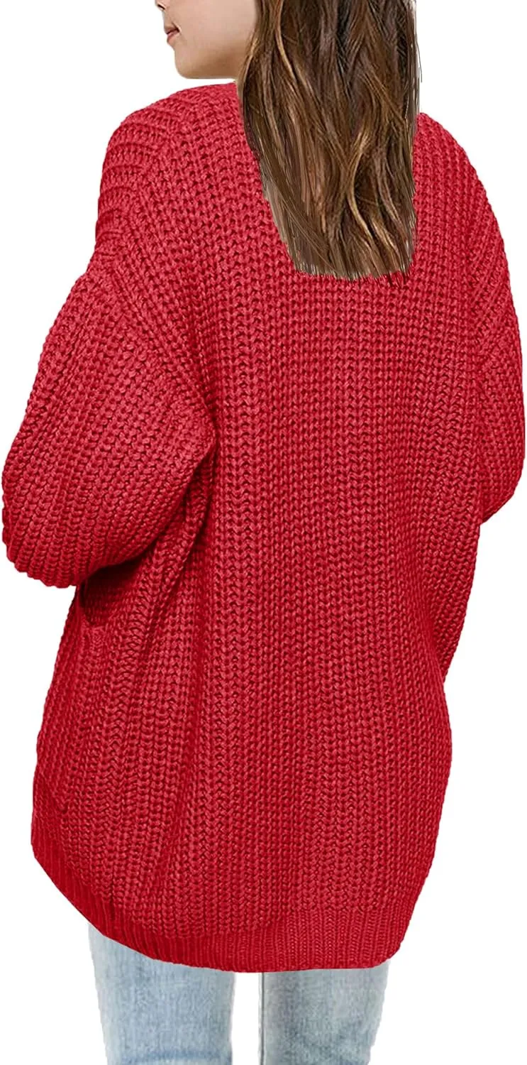 XuBa Girls Cardigan with Pockets Open Front Striped Color Block Knitted Soft Sweater Coat