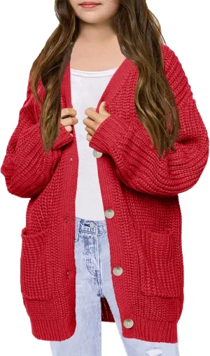 XuBa Girls Cardigan with Pockets Open Front Striped Color Block Knitted Soft Sweater Coat