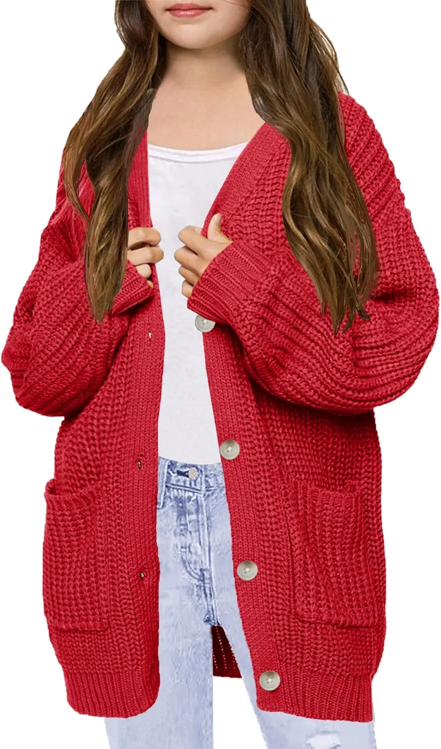 XuBa Girls Cardigan with Pockets Open Front Striped Color Block Knitted Soft Sweater Coat